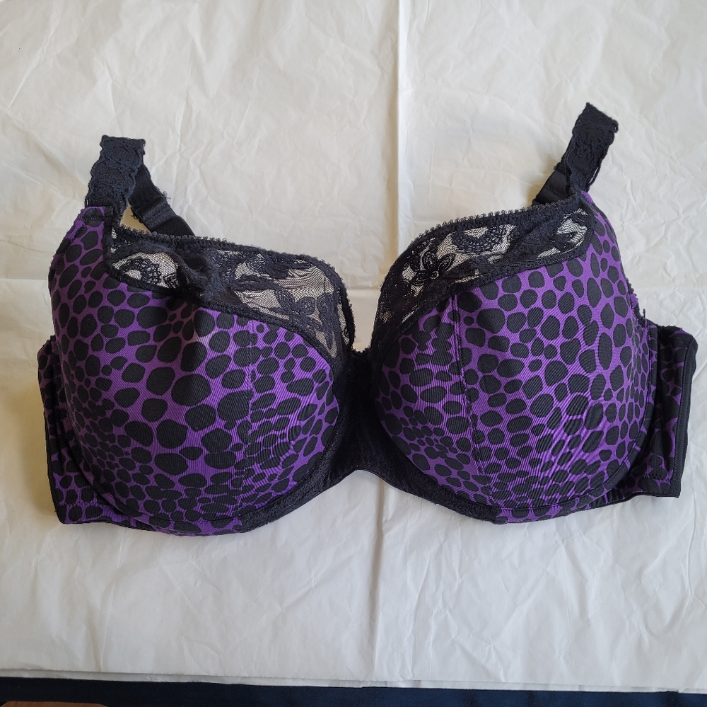 Cacique 44DDD Purple Black Lace Trim Balconette Bra
